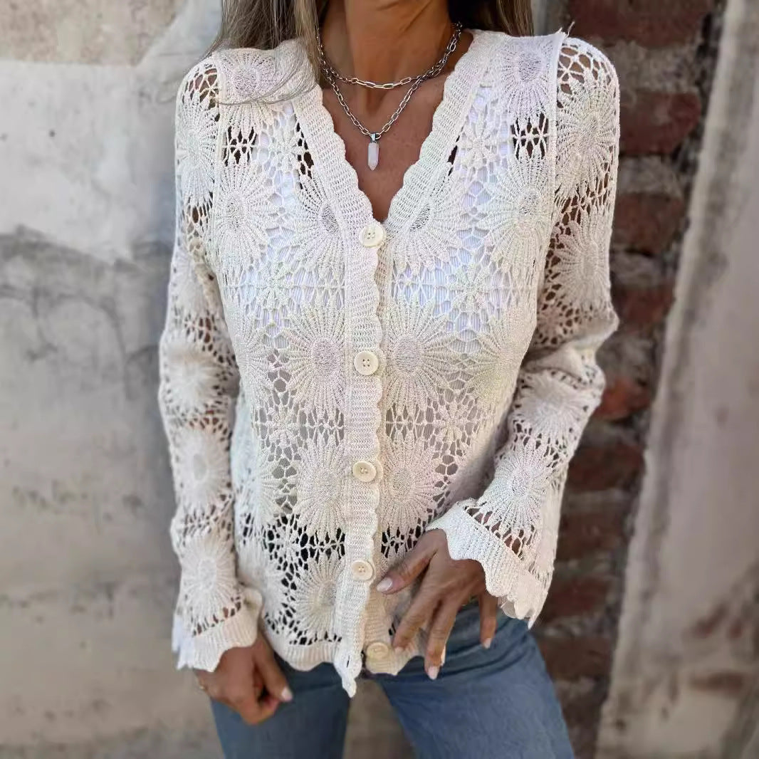 Elegance trifft Komfort: Leichte Spitze für jeden Tag🌸Damen Spitze V-Ausschnitt Langarm Top
