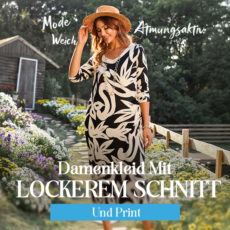 💖Elegantes, lockeres Damenkleid mit Rundhalsausschnitt und Aufdruck