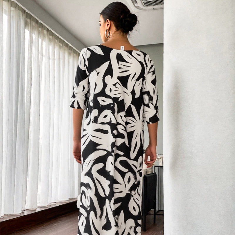 💖Elegantes, lockeres Damenkleid mit Rundhalsausschnitt und Aufdruck