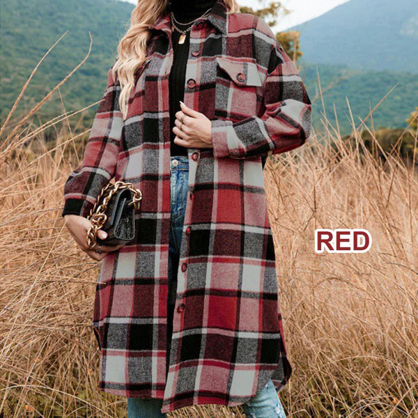🔥Free shipping🔥Women's Plaid Print Long Sleeve Warm Tweed Coat