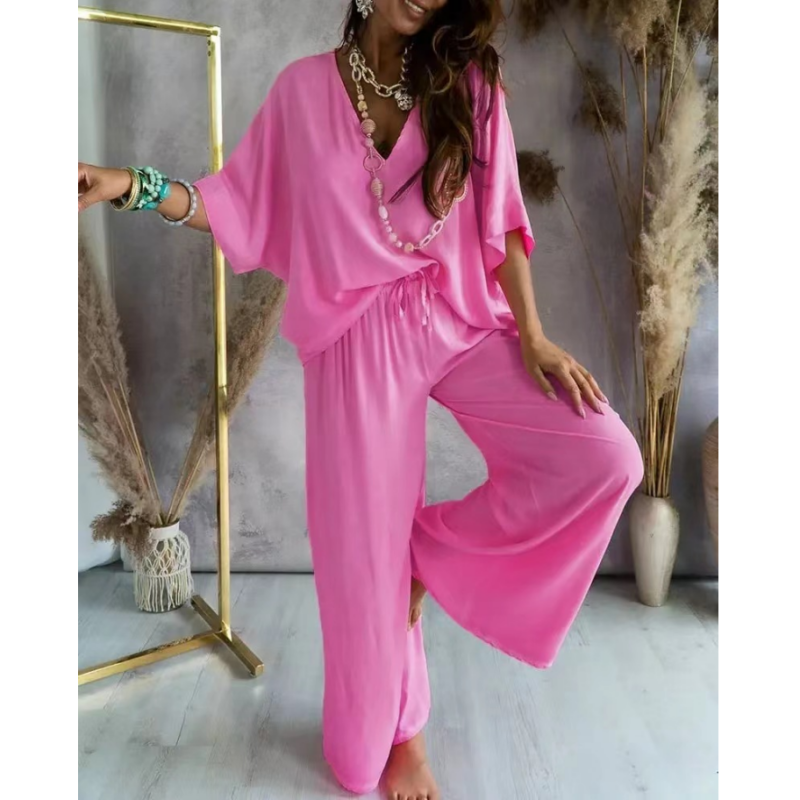 Women's V-neck solid color casual top loose pants set