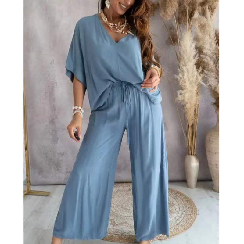 Women's V-neck solid color casual top loose pants set