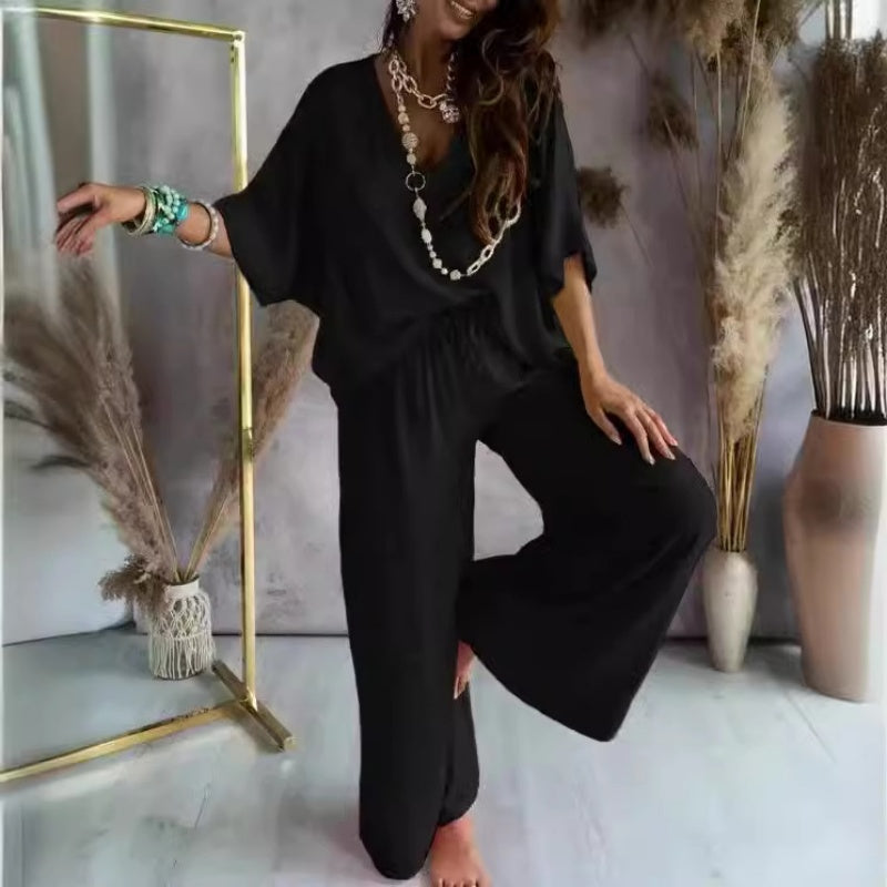 Women's V-neck solid color casual top loose pants set