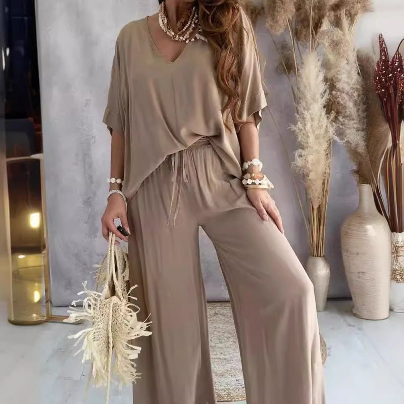 Women's V-neck solid color casual top loose pants set