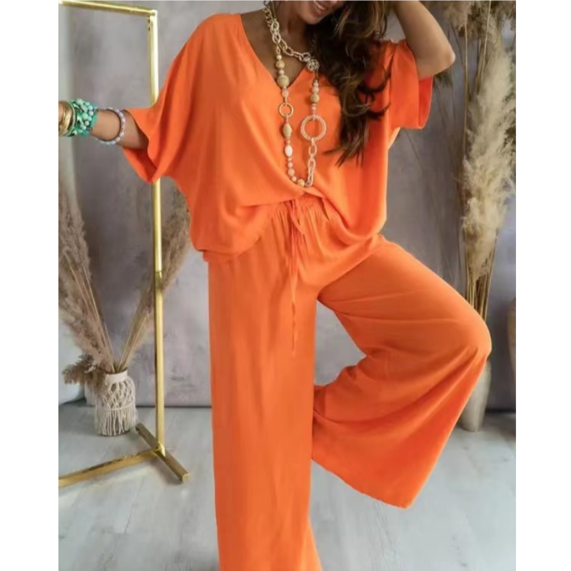 Women's V-neck solid color casual top loose pants set