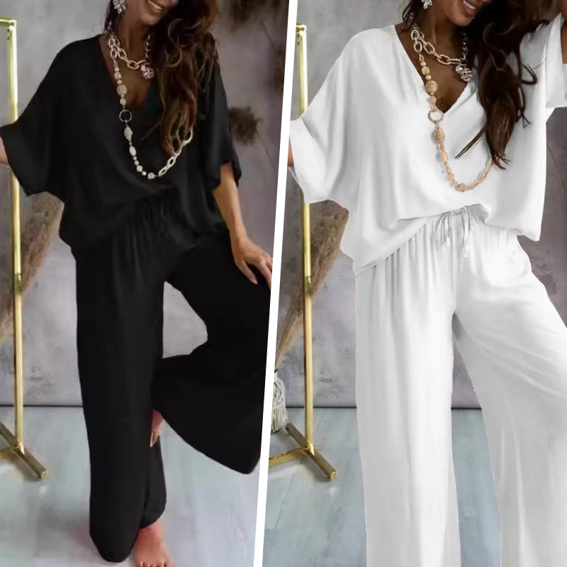 Women's V-neck solid color casual top loose pants set