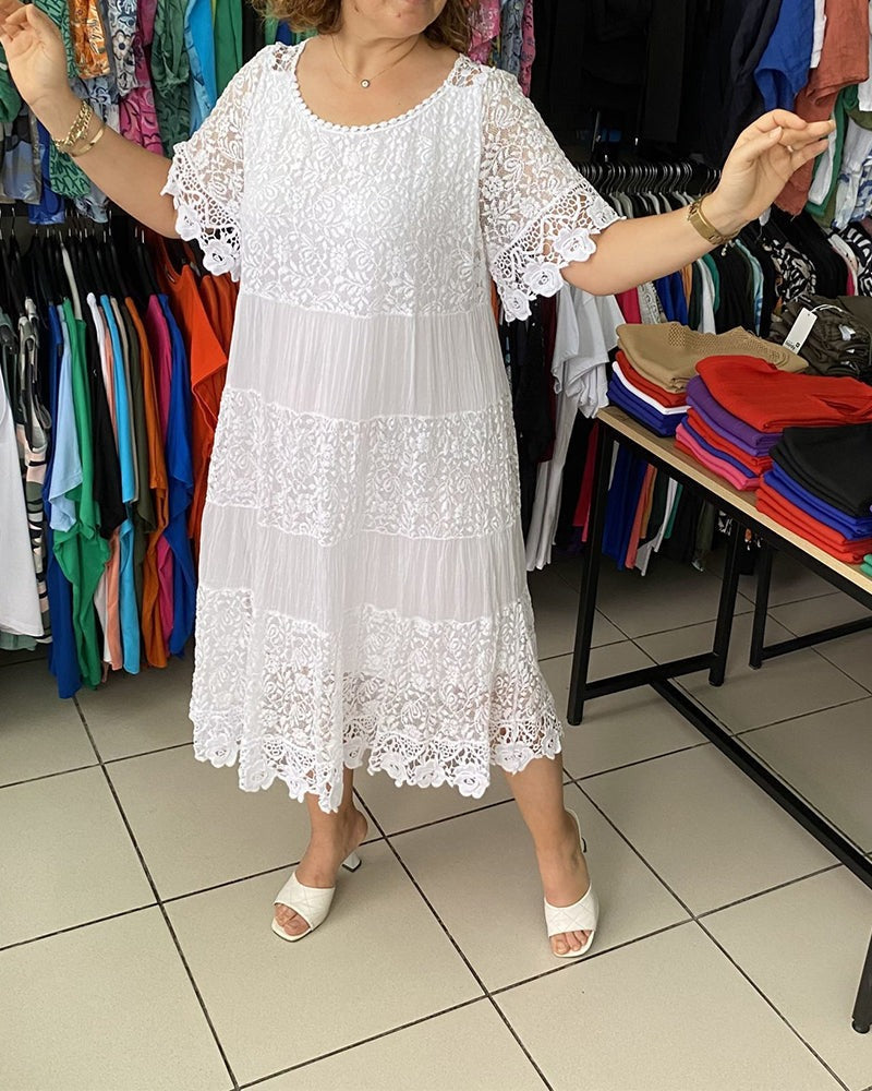 🔥Limited time 50% off🔥Solid Color Short Sleeve Lace Dress