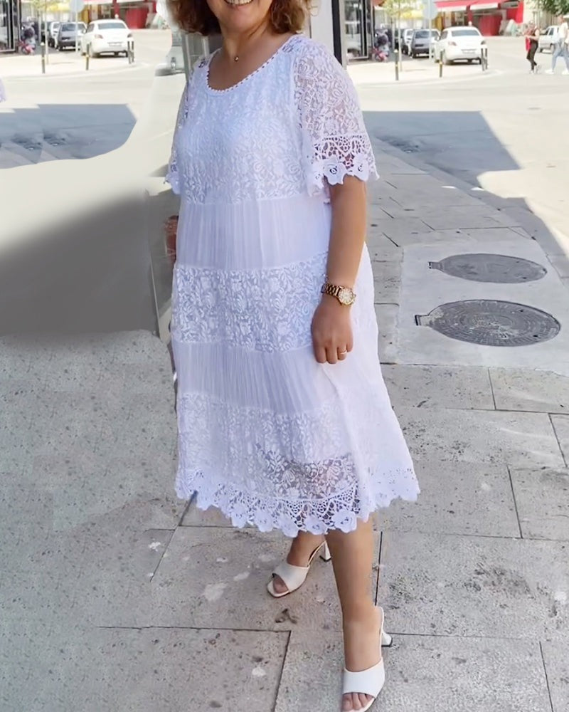 🔥Limited time 50% off🔥Solid Color Short Sleeve Lace Dress
