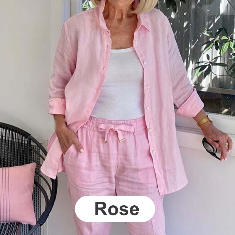 Set aus langärmliger Bluse und Hose aus Baumwollleinen für Damen