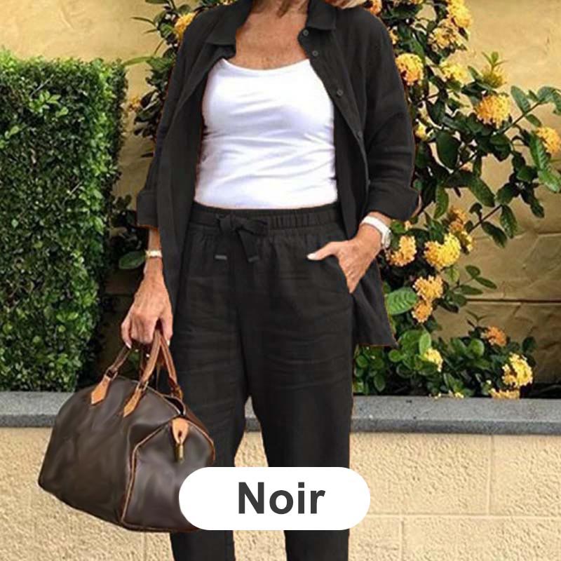 Set aus langärmliger Bluse und Hose aus Baumwollleinen für Damen