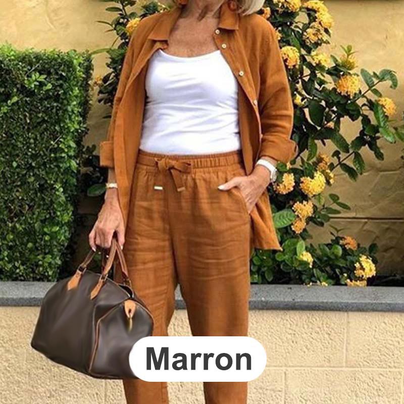 Set aus langärmliger Bluse und Hose aus Baumwollleinen für Damen