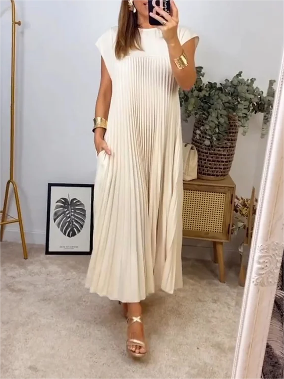 Sleeveless Pleated Simple Solid Color Dress