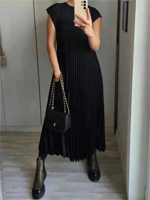 Sleeveless Pleated Simple Solid Color Dress