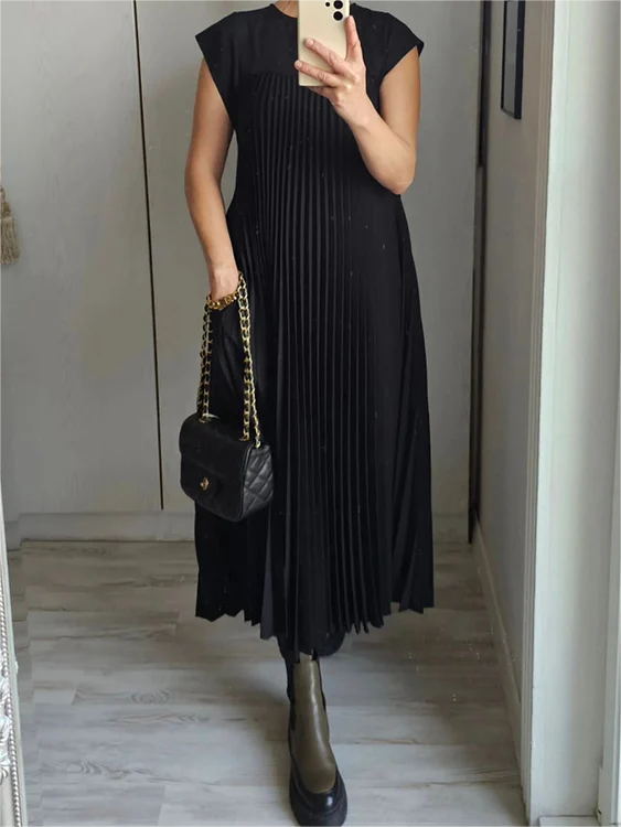 Sleeveless Pleated Simple Solid Color Dress