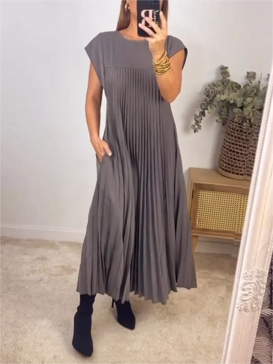 Sleeveless Pleated Simple Solid Color Dress