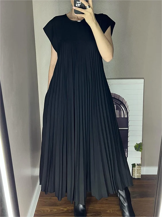 Sleeveless Pleated Simple Solid Color Dress