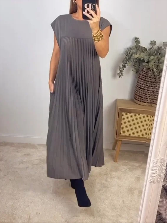 Sleeveless Pleated Simple Solid Color Dress