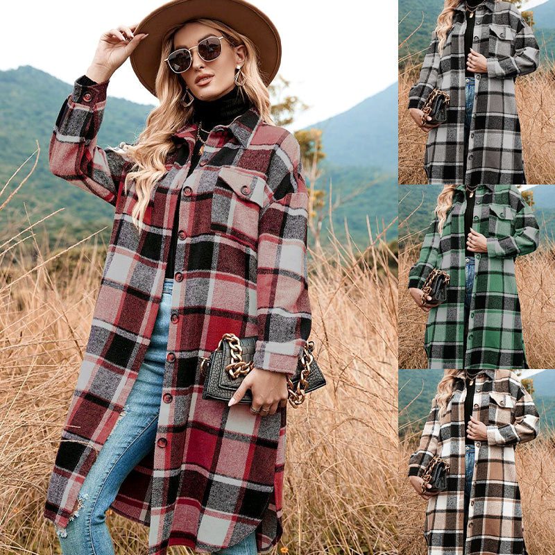 🔥Free shipping🔥Women's Plaid Print Long Sleeve Warm Tweed Coat