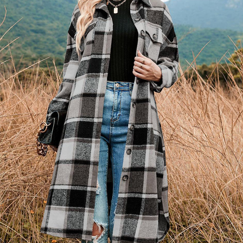 🔥Free shipping🔥Women's Plaid Print Long Sleeve Warm Tweed Coat