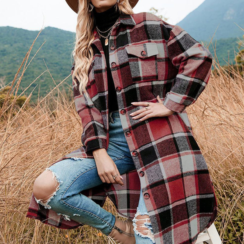 🔥Free shipping🔥Women's Plaid Print Long Sleeve Warm Tweed Coat