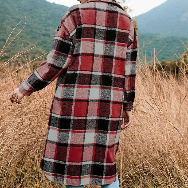 🔥Free shipping🔥Women's Plaid Print Long Sleeve Warm Tweed Coat
