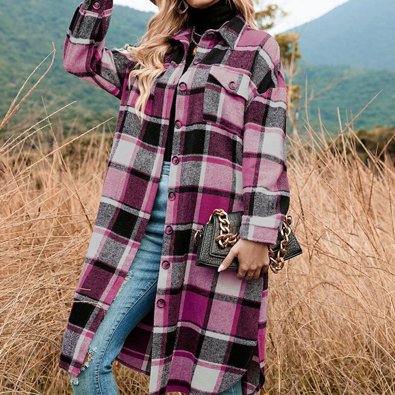 🔥Free shipping🔥Women's Plaid Print Long Sleeve Warm Tweed Coat
