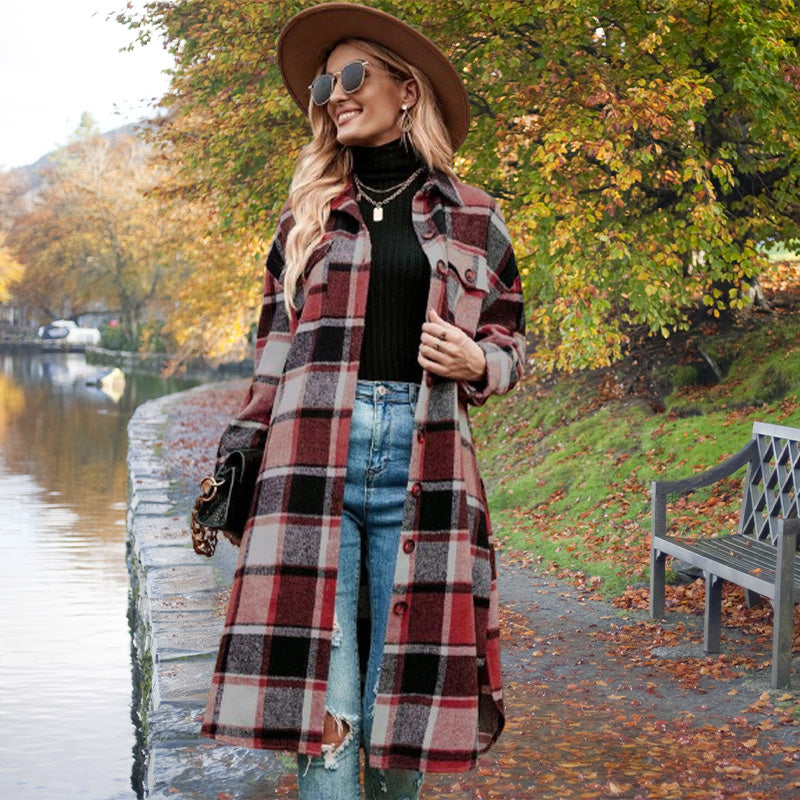 🔥Free shipping🔥Women's Plaid Print Long Sleeve Warm Tweed Coat