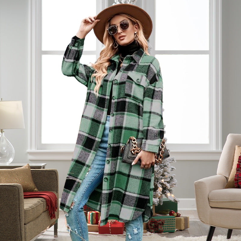 🔥Free shipping🔥Women's Plaid Print Long Sleeve Warm Tweed Coat