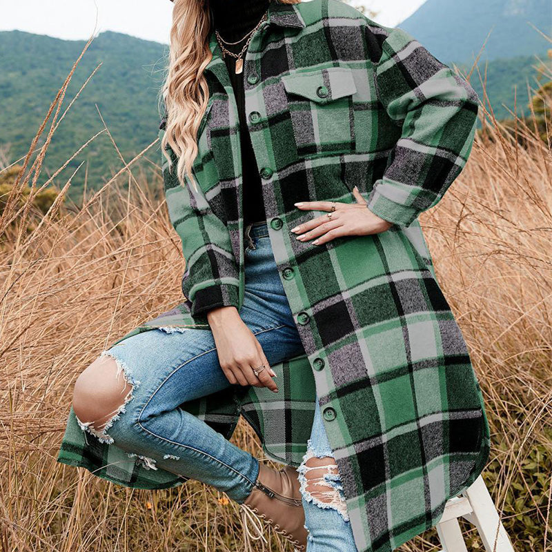 🔥Free shipping🔥Women's Plaid Print Long Sleeve Warm Tweed Coat