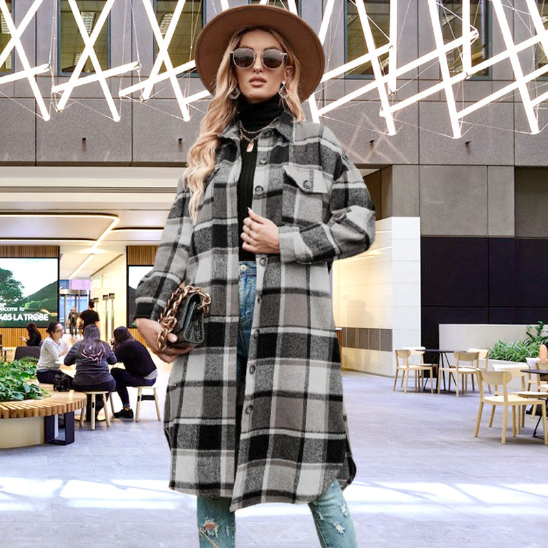 🔥Free shipping🔥Women's Plaid Print Long Sleeve Warm Tweed Coat