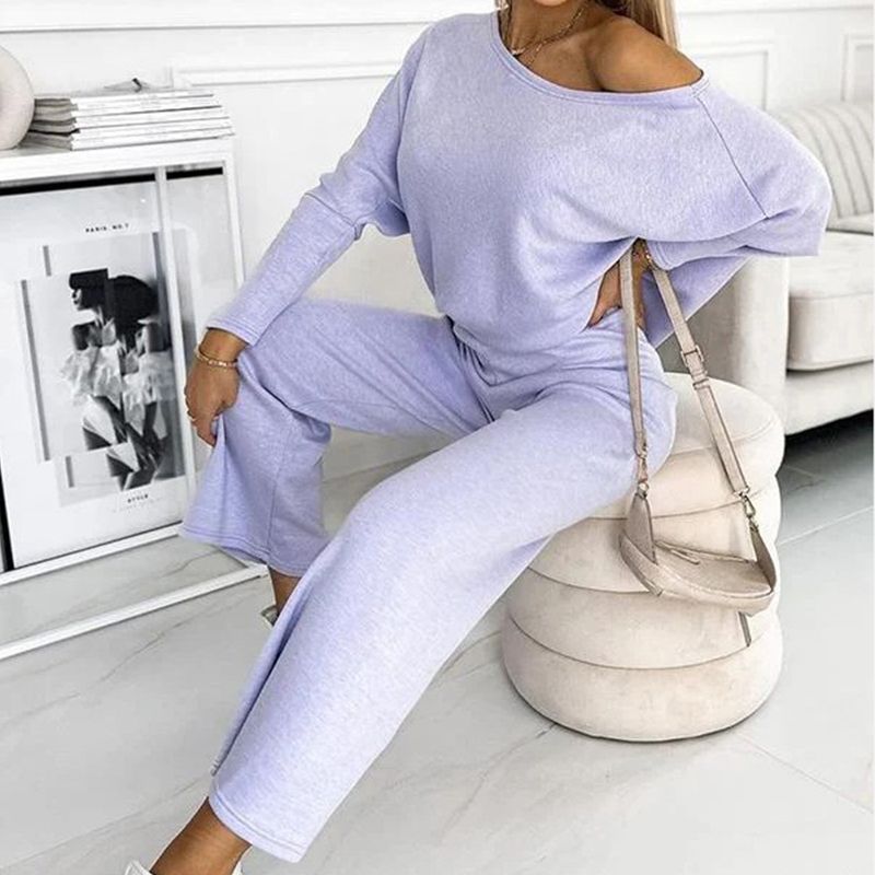 🍁Autumn New Releases🍁Women's Solid Color Drop Shoulder Pullover and Loose Pants Set