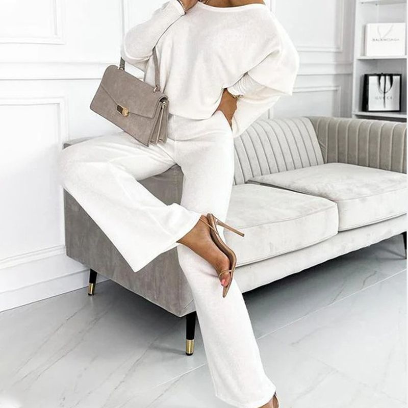 🍁Autumn New Releases🍁Women's Solid Color Drop Shoulder Pullover and Loose Pants Set