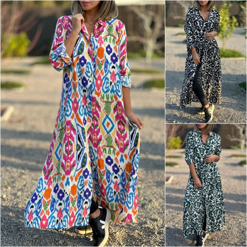 đ
Early Xmas SalesđWomenâs Lapel Long Sleeve Floral Dress