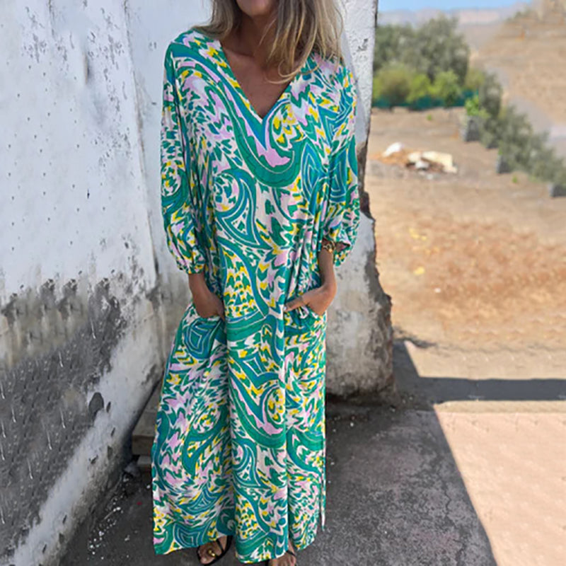 Damen-Boho-Maxikleid mit V-Ausschnitt und abstraktem Druck