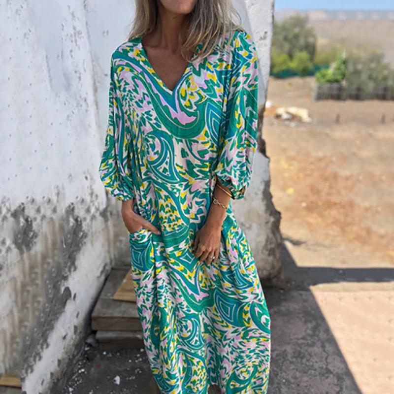 Damen-Boho-Maxikleid mit V-Ausschnitt und abstraktem Druck