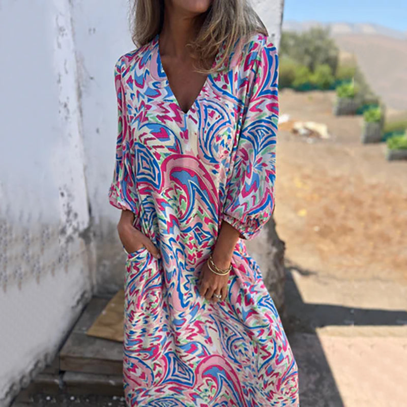 Damen-Boho-Maxikleid mit V-Ausschnitt und abstraktem Druck