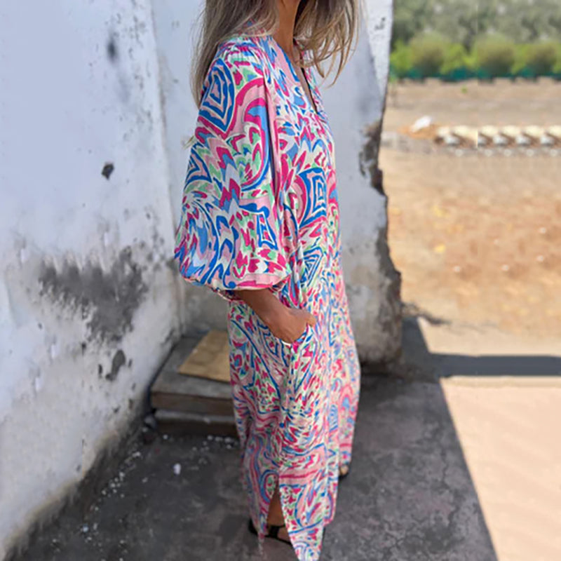 Damen-Boho-Maxikleid mit V-Ausschnitt und abstraktem Druck