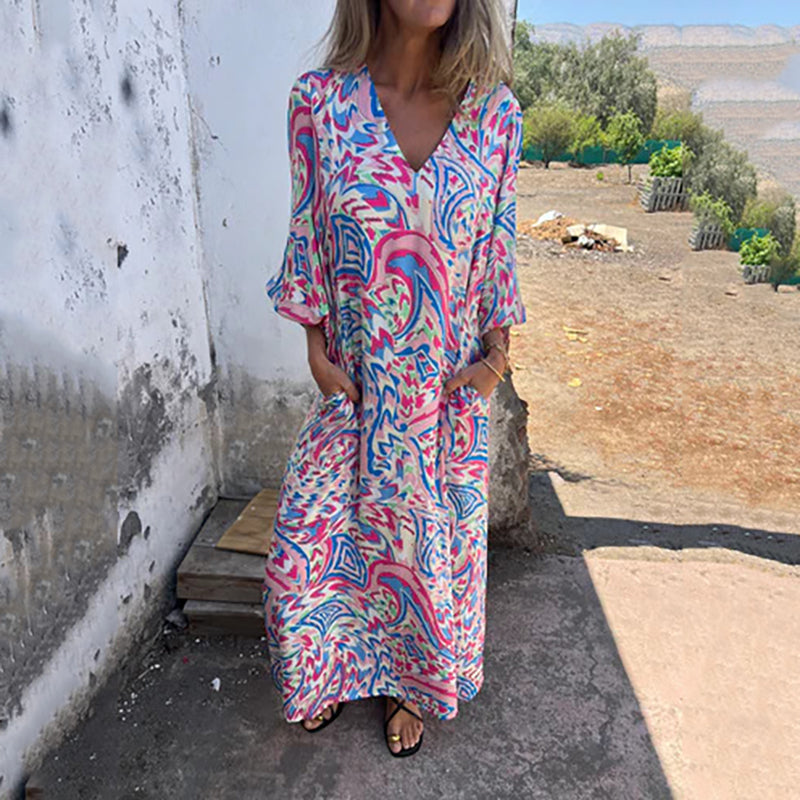 Damen-Boho-Maxikleid mit V-Ausschnitt und abstraktem Druck
