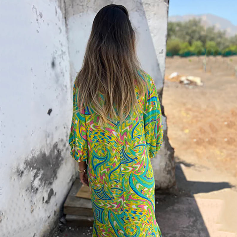 Damen-Boho-Maxikleid mit V-Ausschnitt und abstraktem Druck