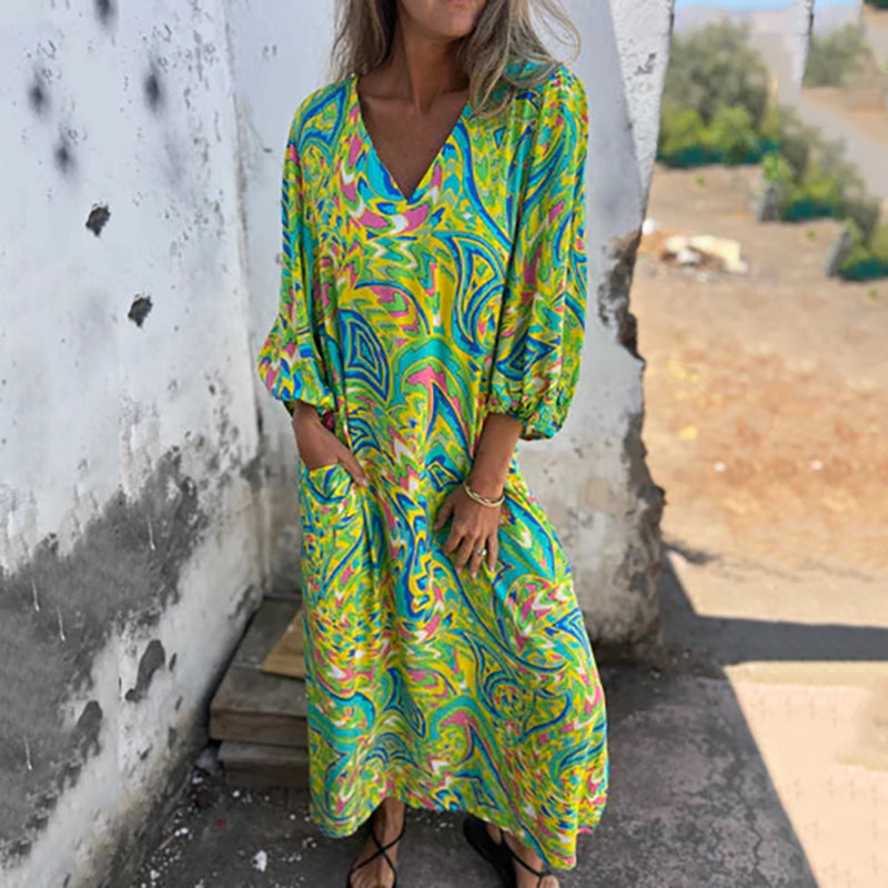 Damen-Boho-Maxikleid mit V-Ausschnitt und abstraktem Druck