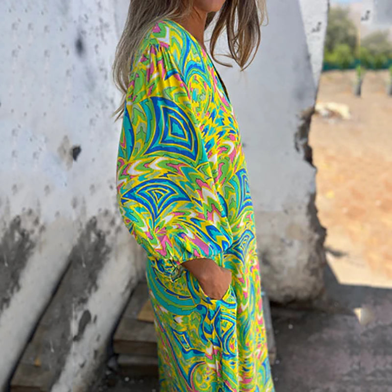 Damen-Boho-Maxikleid mit V-Ausschnitt und abstraktem Druck