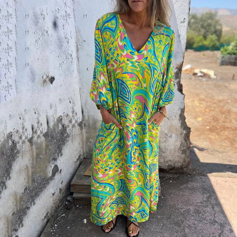 Damen-Boho-Maxikleid mit V-Ausschnitt und abstraktem Druck