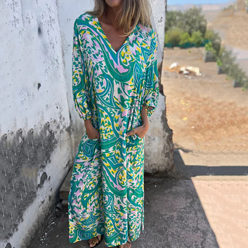 Damen-Boho-Maxikleid mit V-Ausschnitt und abstraktem Druck