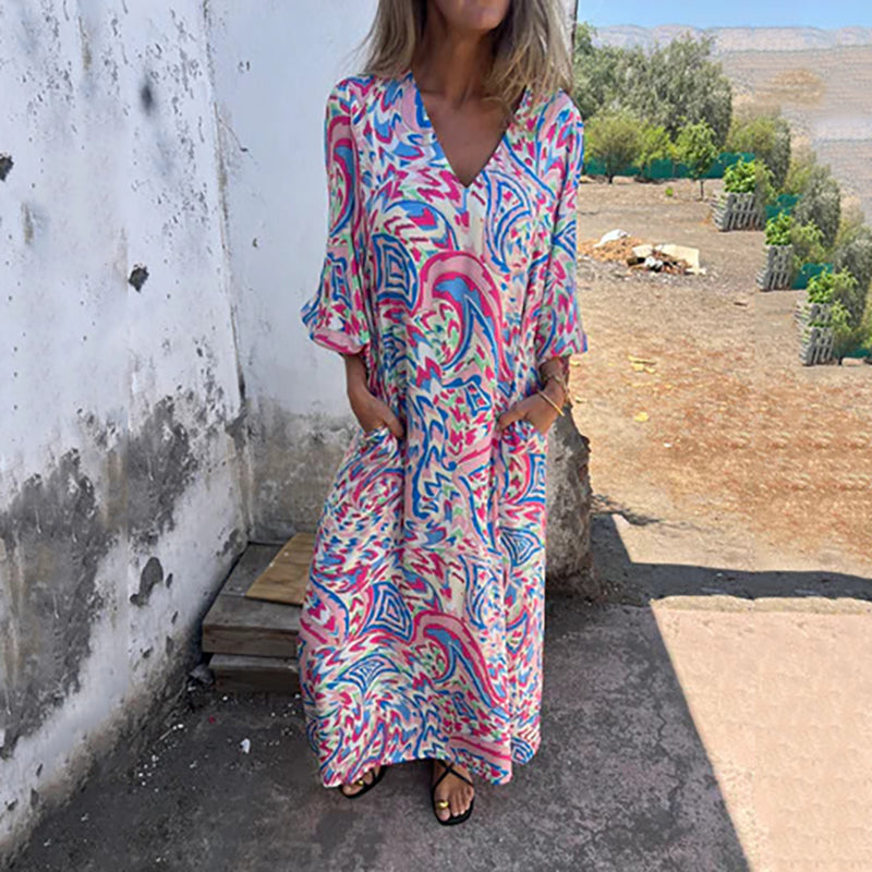 Damen-Boho-Maxikleid mit V-Ausschnitt und abstraktem Druck