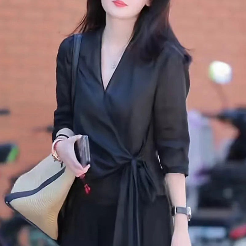 Women's Wrap V-Neck Blouse & Wide Leg Pants Set