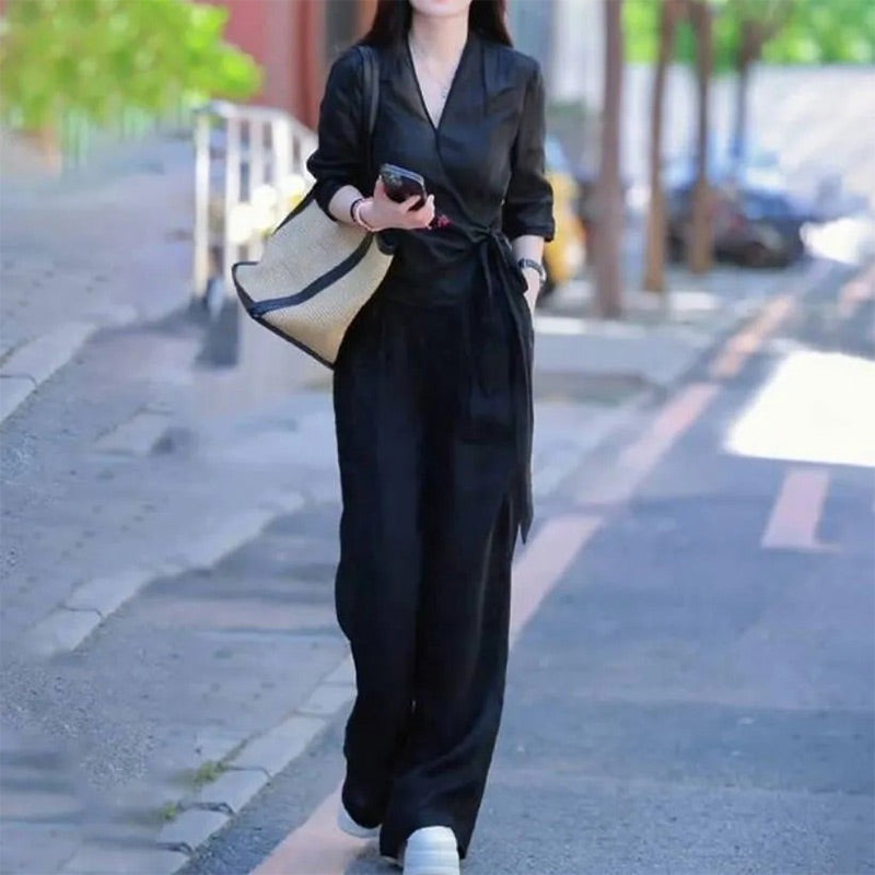 Women's Wrap V-Neck Blouse & Wide Leg Pants Set