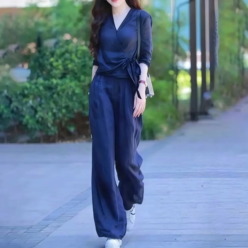 Women's Wrap V-Neck Blouse & Wide Leg Pants Set