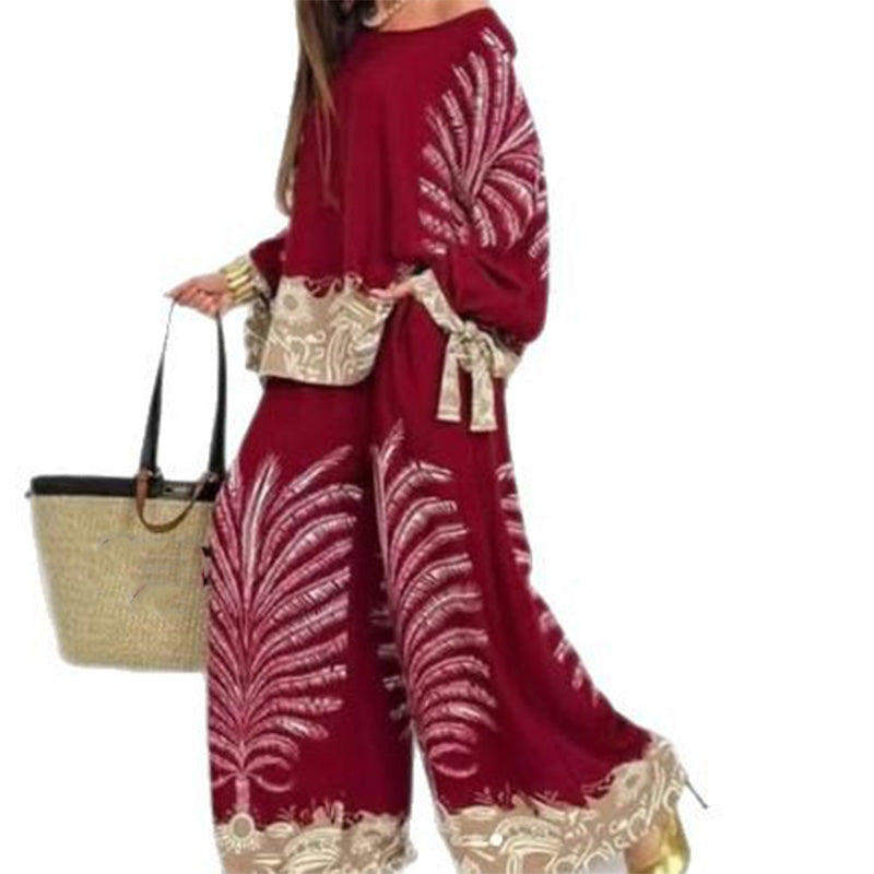 Elegantes bedrucktes Damen-Set aus Oberteil und weiter Hose im Ethno-Stil