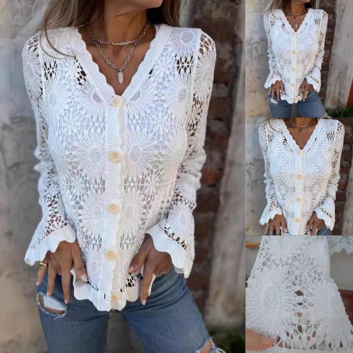 Elegance trifft Komfort: Leichte Spitze für jeden Tag🌸Damen Spitze V-Ausschnitt Langarm Top