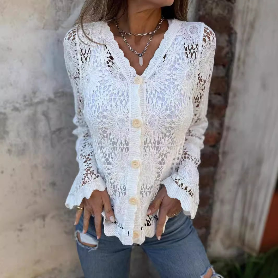 Elegance trifft Komfort: Leichte Spitze für jeden Tag🌸Damen Spitze V-Ausschnitt Langarm Top